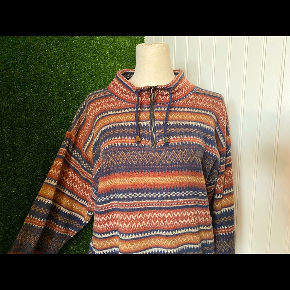 Impact Knit Quarter Zip Sweater Fall / Tribal Print Drawstring on Neck & Bottom